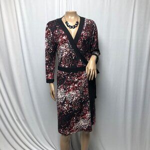 Style and Co Wrap Dress Womens Size Medium Black Red Stretch V Neck Knee Length